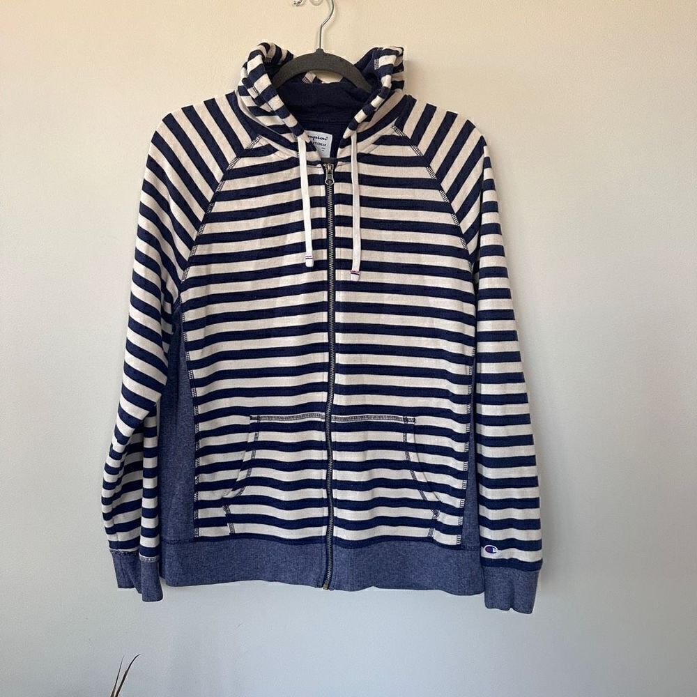 Women's Champion Zip Up Striped Nautical Navy and White Hoodie XL